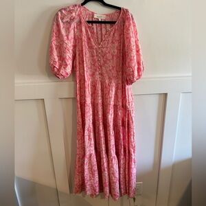 THE GREAT. Pink and White Floral Button Dress
